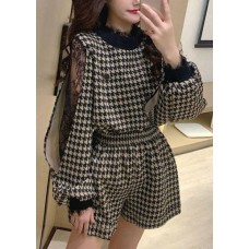 Style Black Lace Patchwork Stand Collar tops shorts Two-Piece Set Spring