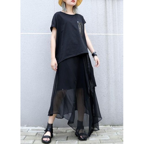 Style black chiffon quilting skirts asymmetric hem Traveling summer skirt